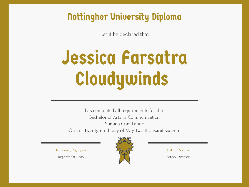 Representative image of Jessica's college diploma