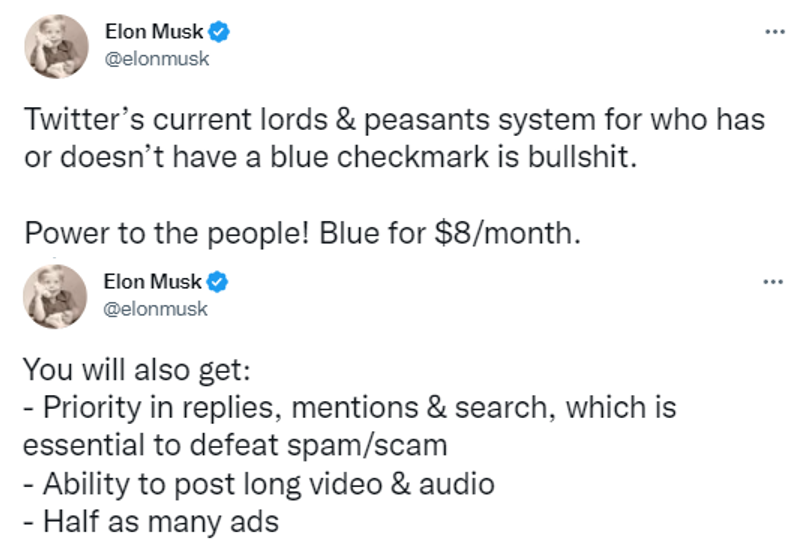 Elon tweeting that the $8 fee will bring power to the people