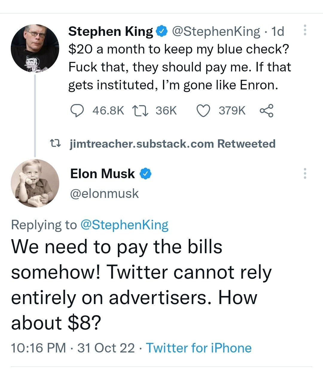 Elon Musk and Stephen King negotiatng the price of Twitter verification in a Twitter exchange