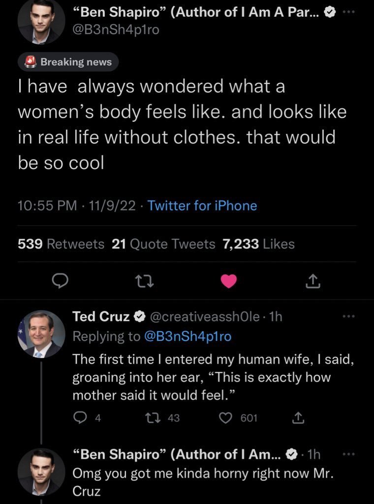 Ted Cruz and Ben Shapiro faux verified accounts interacting in eerily realistic ways
