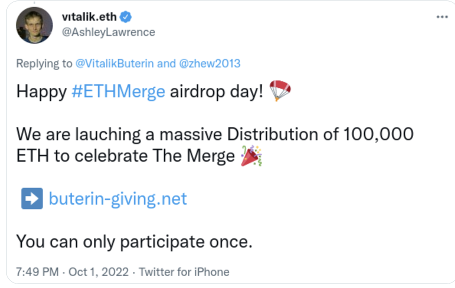 A user posing as Vitalik Buterin, likely to trick other users into sending funds